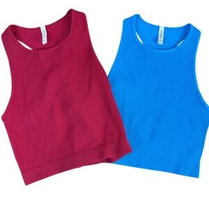 ZENANA Ribbed Cropped Tanks Blue/Red Size L/XL Spandex